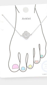 Cubic Zirconia Embellished Quatrefoil Charm Anklet - Silver